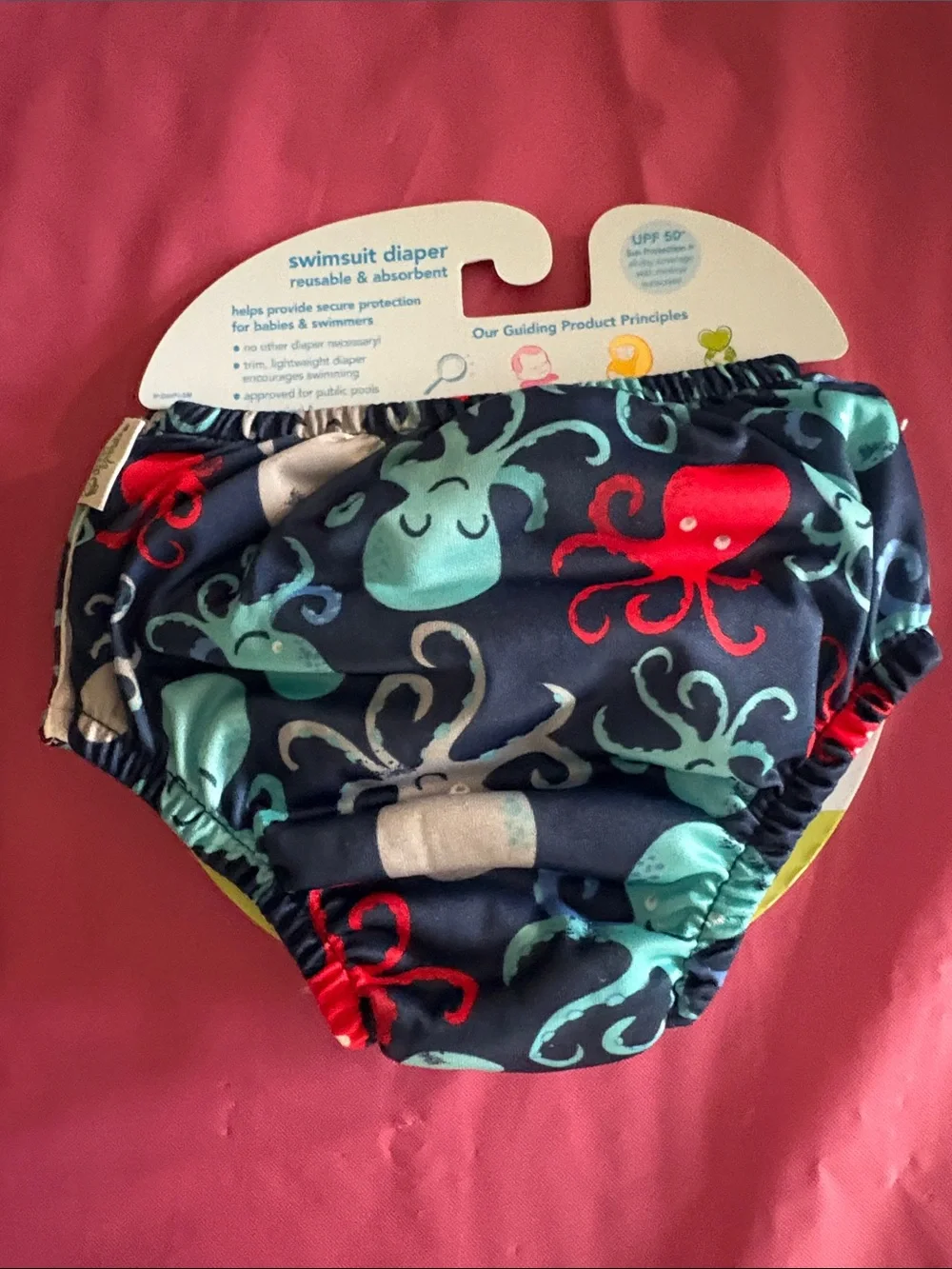 i play. Navy Swim Diaper with Red and Teal Octopus Print